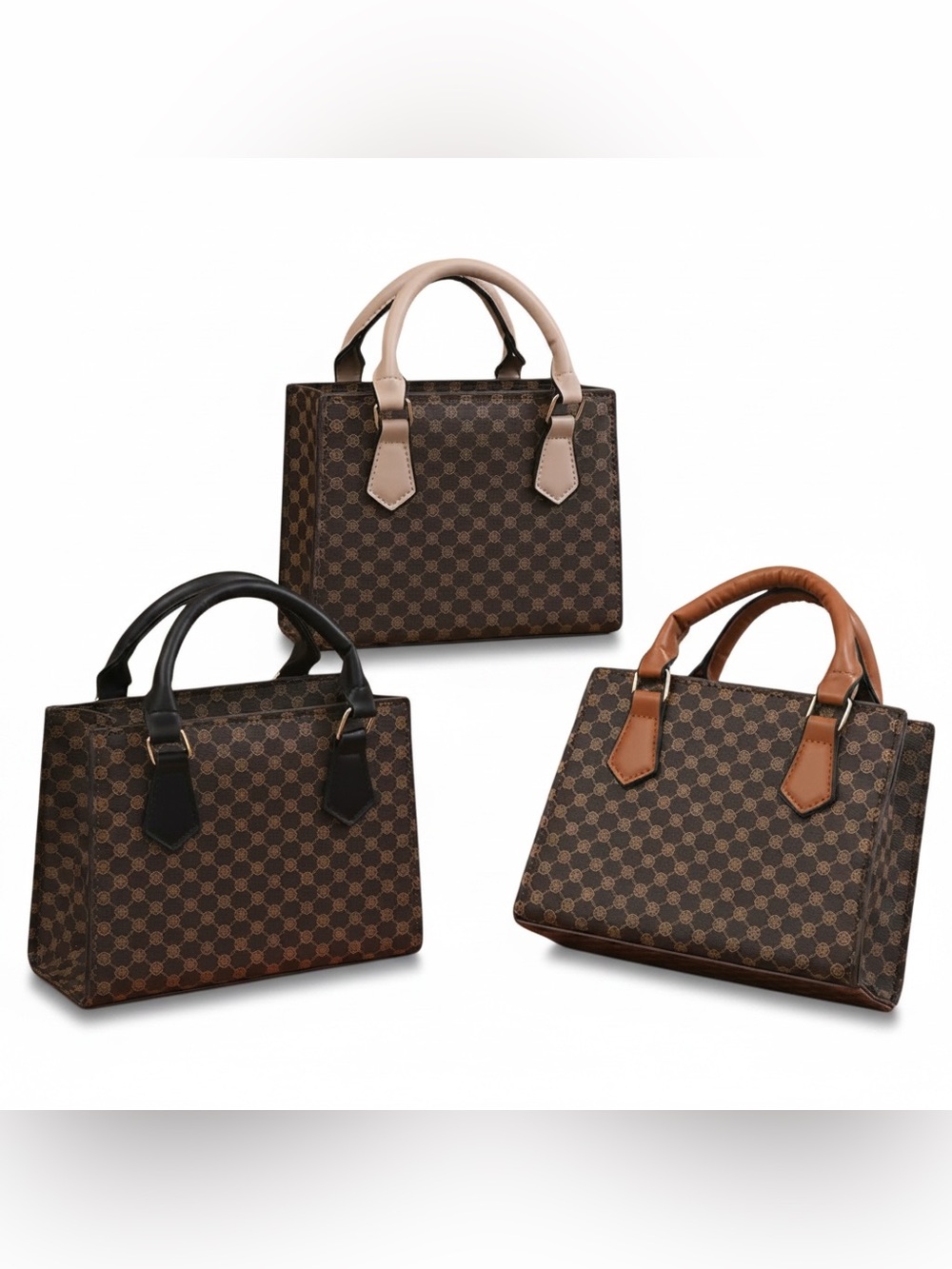 Classic Check Pattern Structured Tote Bag - Brown with Color Accents